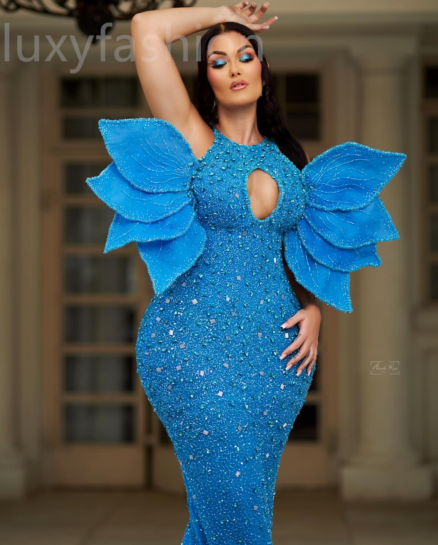 Aso Ebi 2024 Blue Mermaid Prom Dresses Crystals Beaded Sequined Evening Party Formal Second Reception Birthday Enagement Thanksgiving Dress Gowns LF05