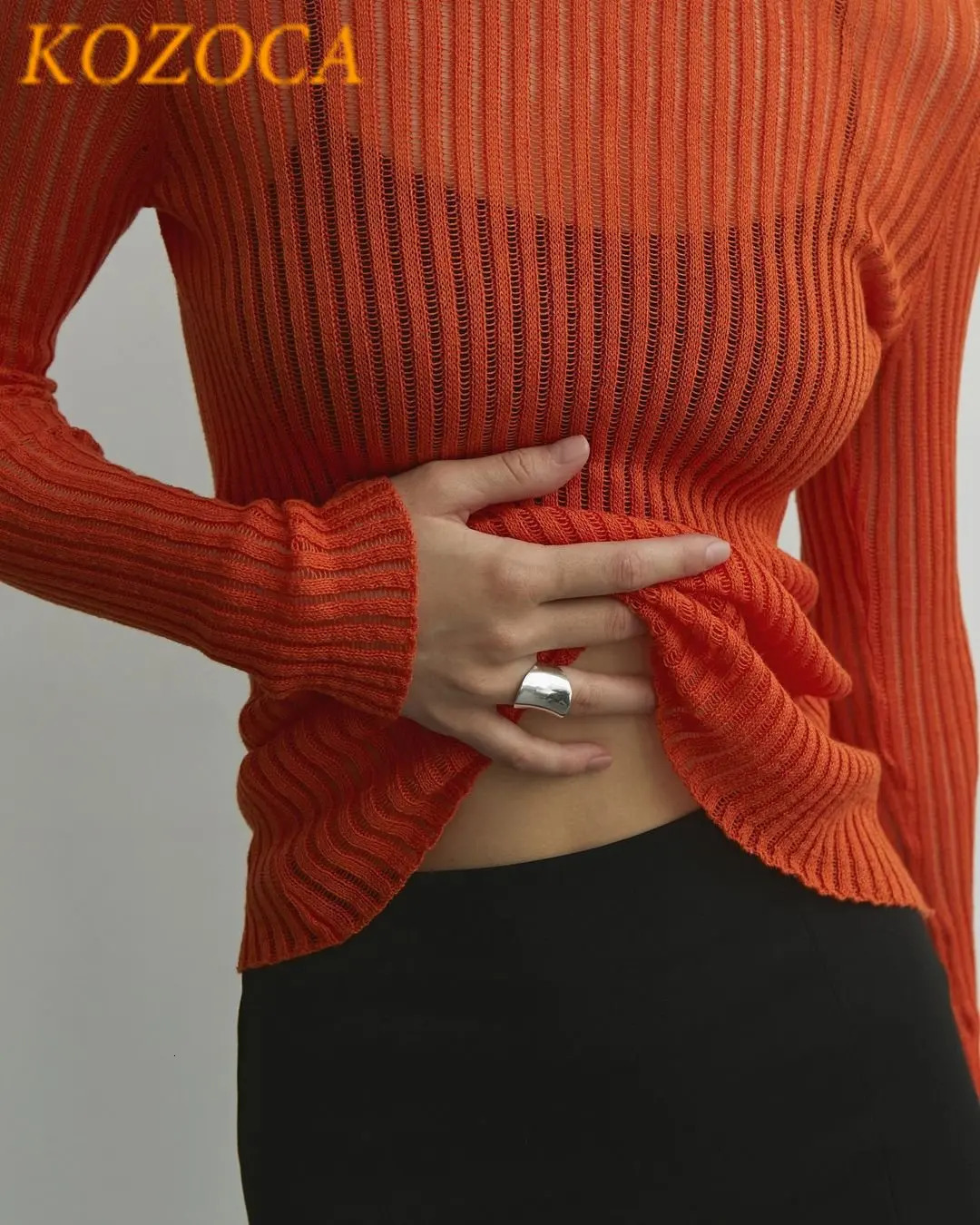 Kozoca Fashion White Elegant Striped See Through Women Tops Outfits Long Sleeve T-Shirts Tees Skinny Club Party Clothes 240518