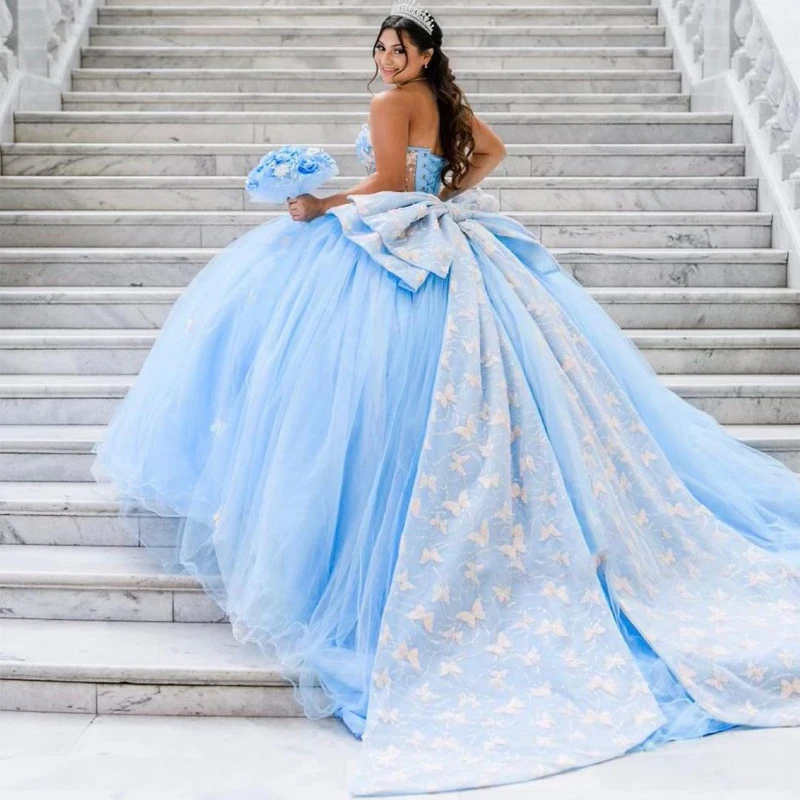 Lorencia Blue 3D Butterfly Off Shoulder Corset Quinceanera Ball Gown Bow Applique Lace Sweet 16 Vestidos De 15 Anos Graduations Prom Party Dress 66603