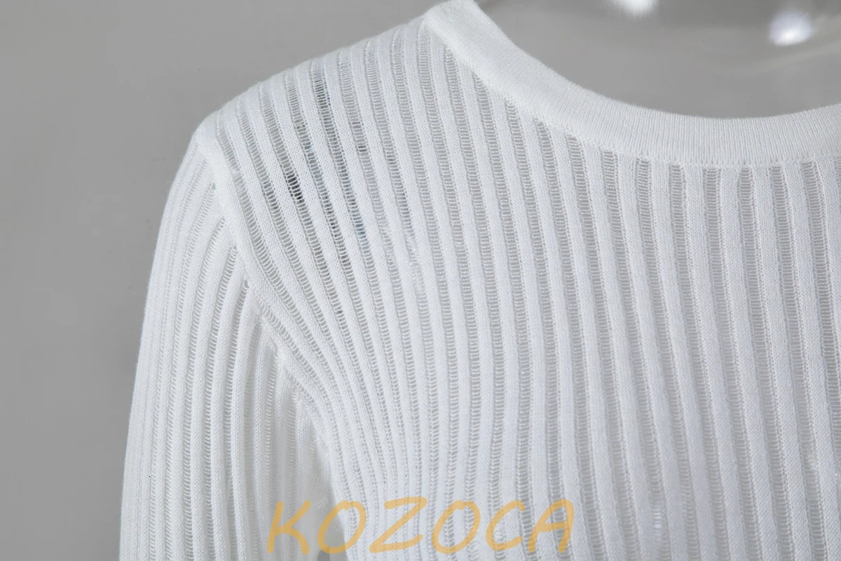 Kozoca Fashion White Elegant Striped See Through Women Tops Outfits Long Sleeve T-Shirts Tees Skinny Club Party Clothes 240518