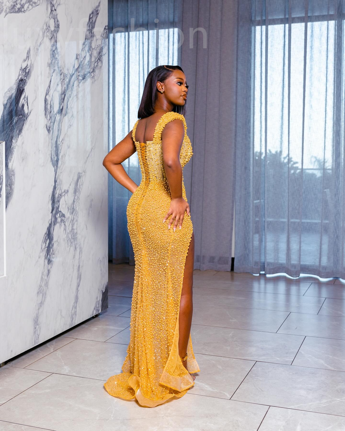 Aso Ebi 2024 Gold Mermaid Prom Dresses Pearls Beaded Sequined Evening Party Formal Second Reception Birthday Enagement Thanksgiving Dress Gowns LF056