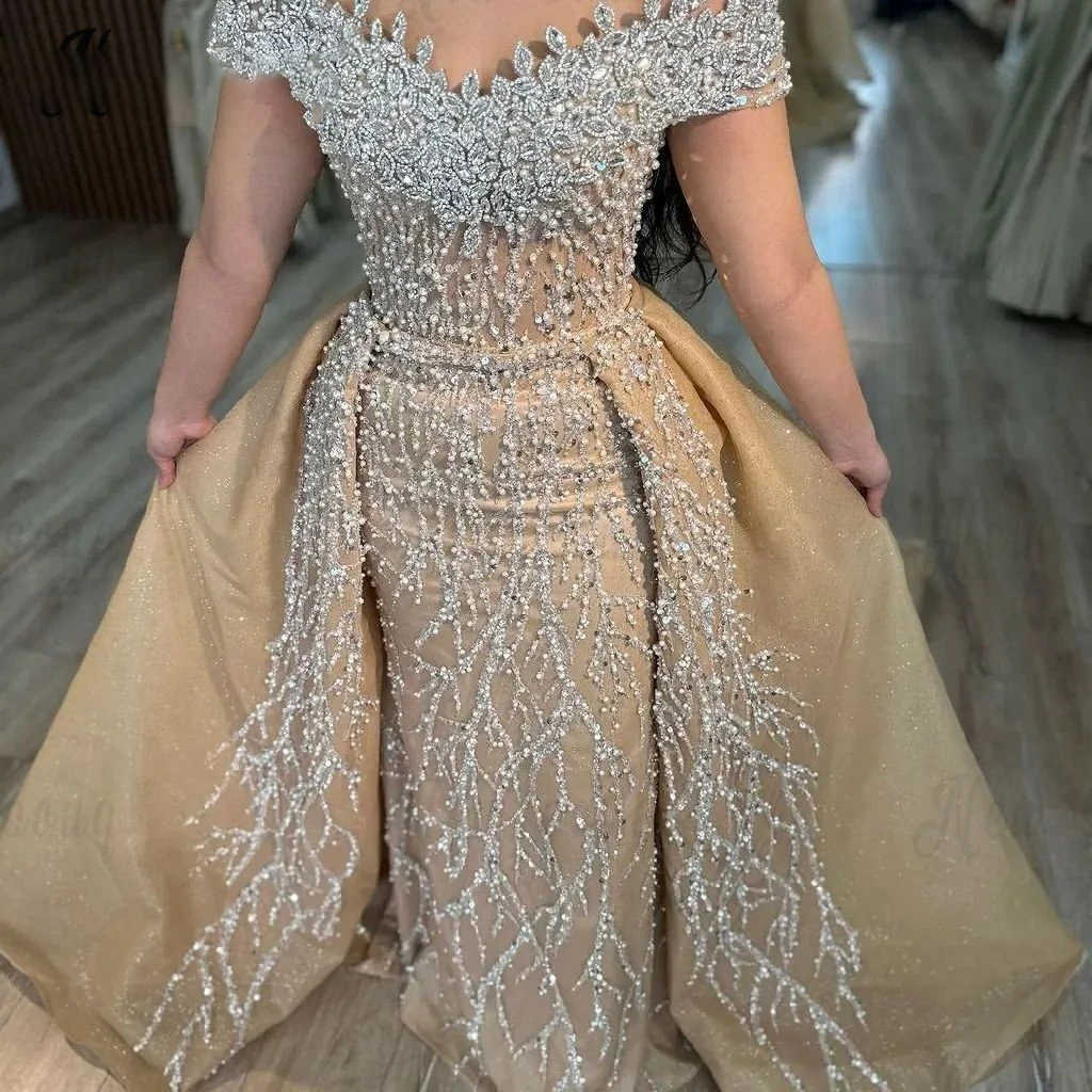 Gorgeous Crystal Pearls Wedding Dresses Off Shoulder Mermaid Bridal Gowns with Detachable Train Custom Made Bride Dress Plus Size