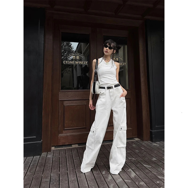 White Cargo Pants High Waisted Women Pants Vintage Straight Oversized Y2K Style Fashion Winter Streetwear Wide Leg Trouser 240517