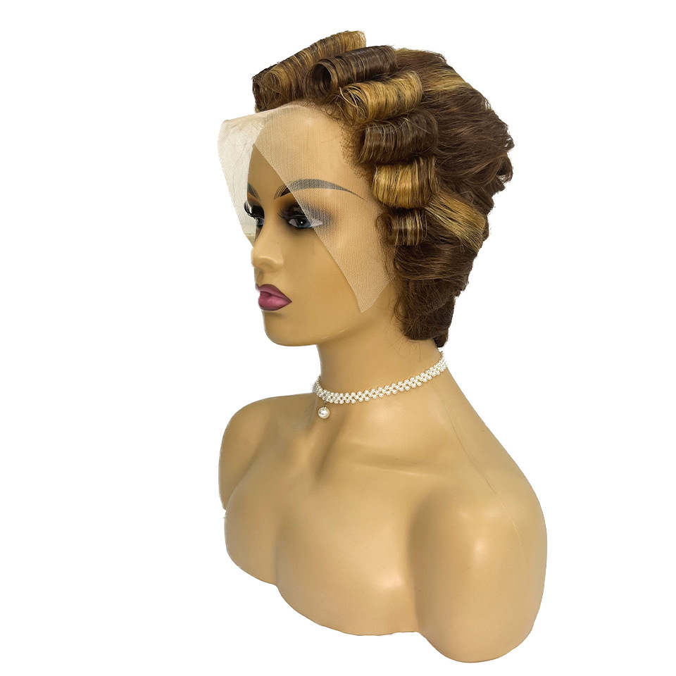 Finger Wave 13x4 Lace Human Hair Wig Short Headband With Lace Front Wig Laceshort Pixie Wig 6inch Diagonal Bangs and Qi Bangs