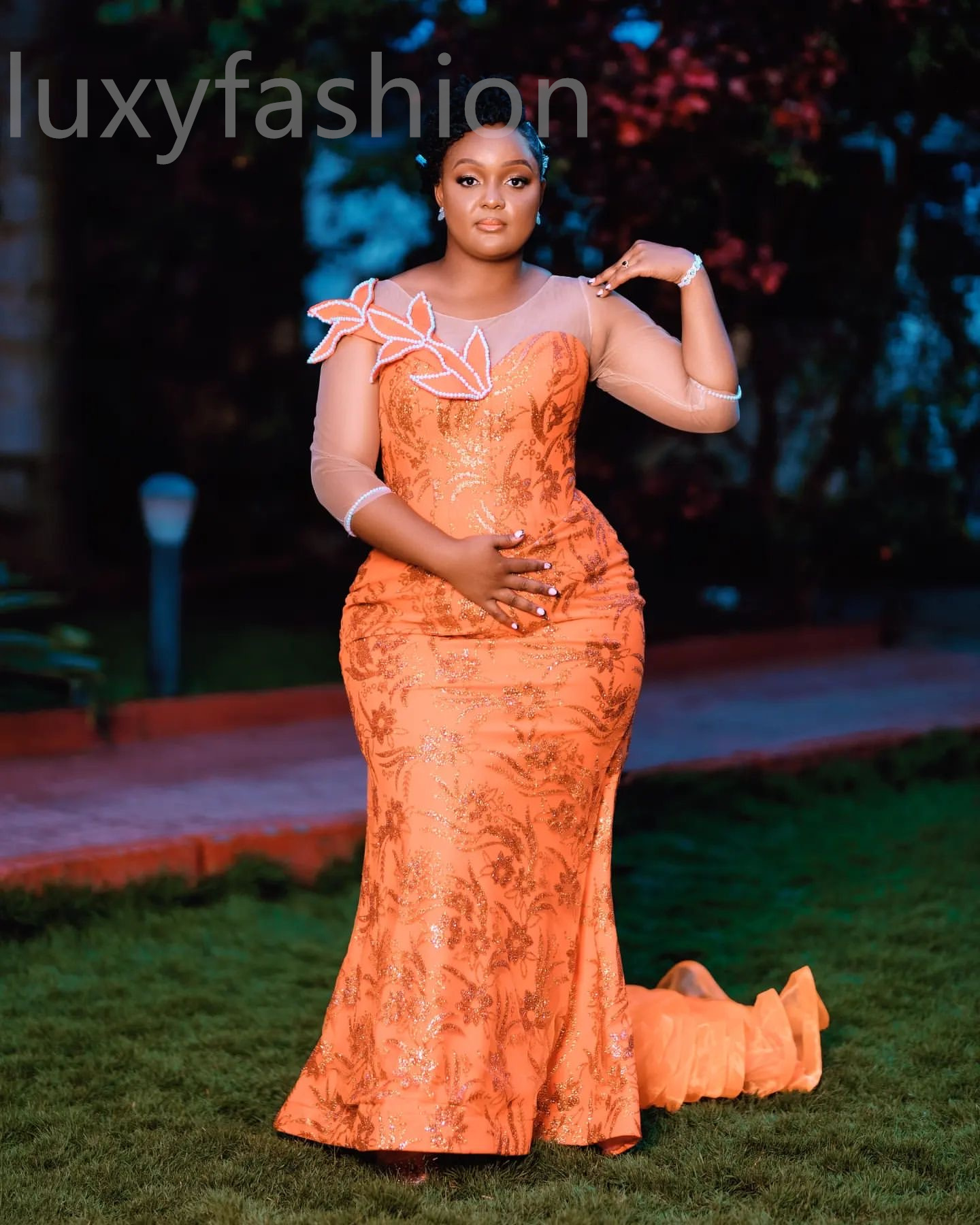 Aso Ebi 2024 Orange Florals Mermaid Prom Dresses Sheer Neck Sequined Evening Party Formal Second Reception Birthday Enagement Thanksgiving Dress Gowns