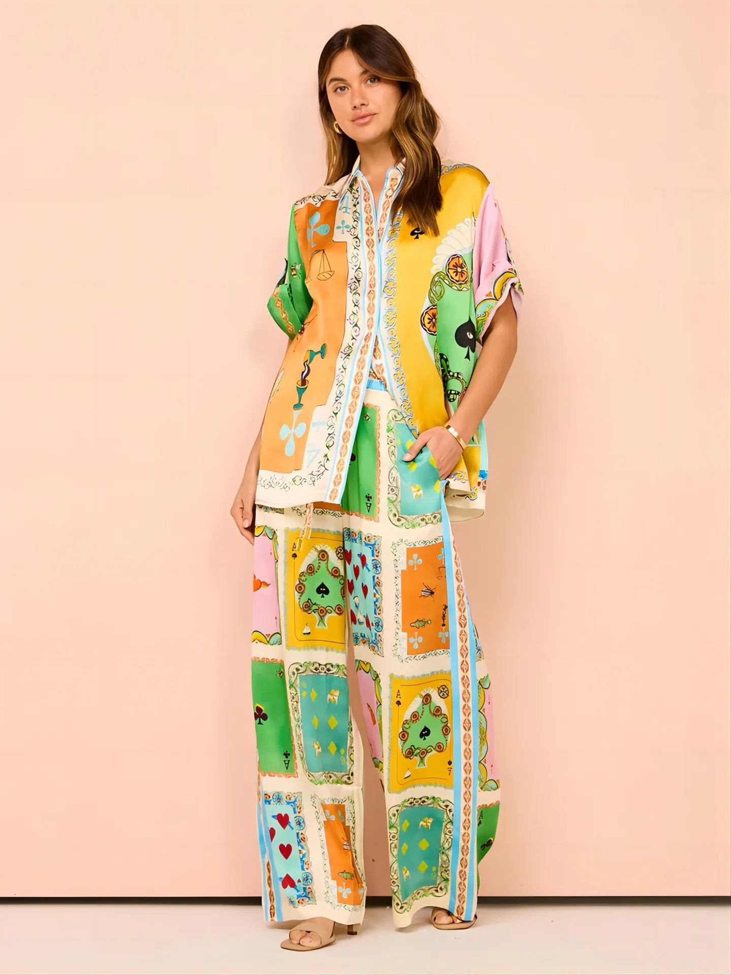 Print Women Loose Pants 2 Pieces Set Outfits Fashion Casual Short Sleeves Shirt Blouse Top Suit Summer Trend Holiday Vacation 240517