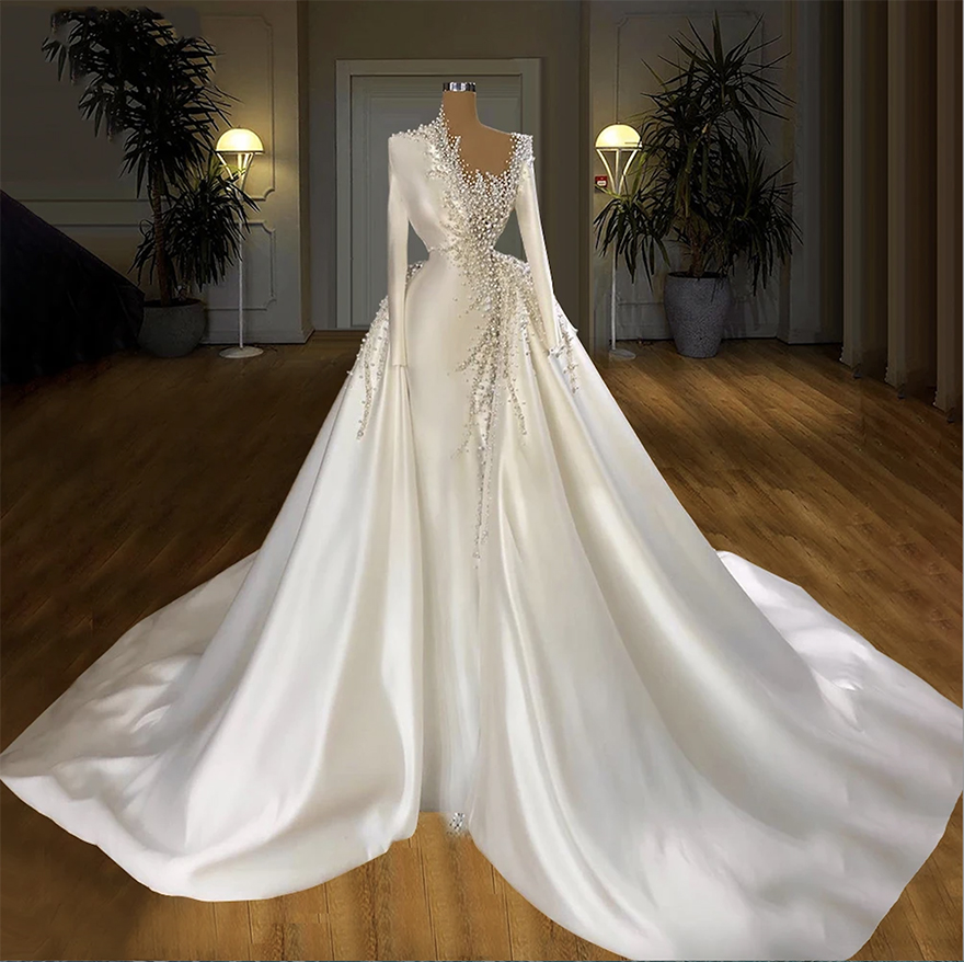 High Quliaty Satin Wedding Dresses Dubai Pearls Beads with Sleeves Long Train African Bride Bridal Gowns Plus Size