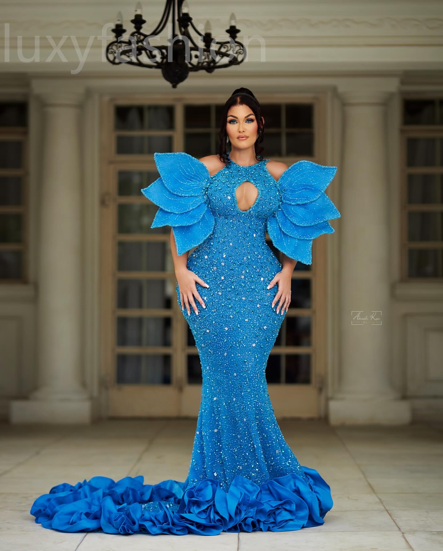 Aso Ebi 2024 Blue Mermaid Prom Dresses Crystals Beaded Sequined Evening Party Formal Second Reception Birthday Enagement Thanksgiving Dress Gowns LF05