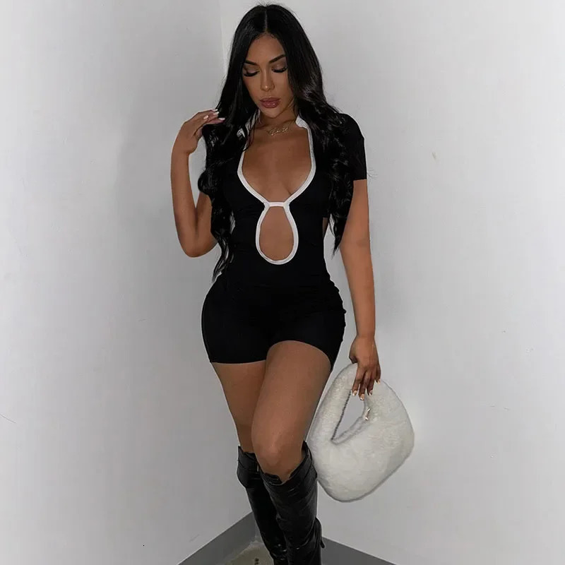 Sexy Backless Romper for Women Short Playsuit Clubwear Party Skinny Outfits Turndown Collar Black Jumpsuit Shorts 240509