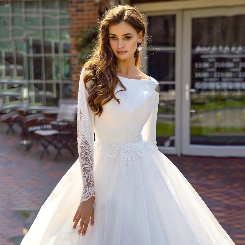 Classic A-line Wedding Dresses 2024 Scoop Embroildery Lace Beads Long Sleeves Satin Bridal Party Gown Sweep Train Vestidos De Novia Robe De Mariage