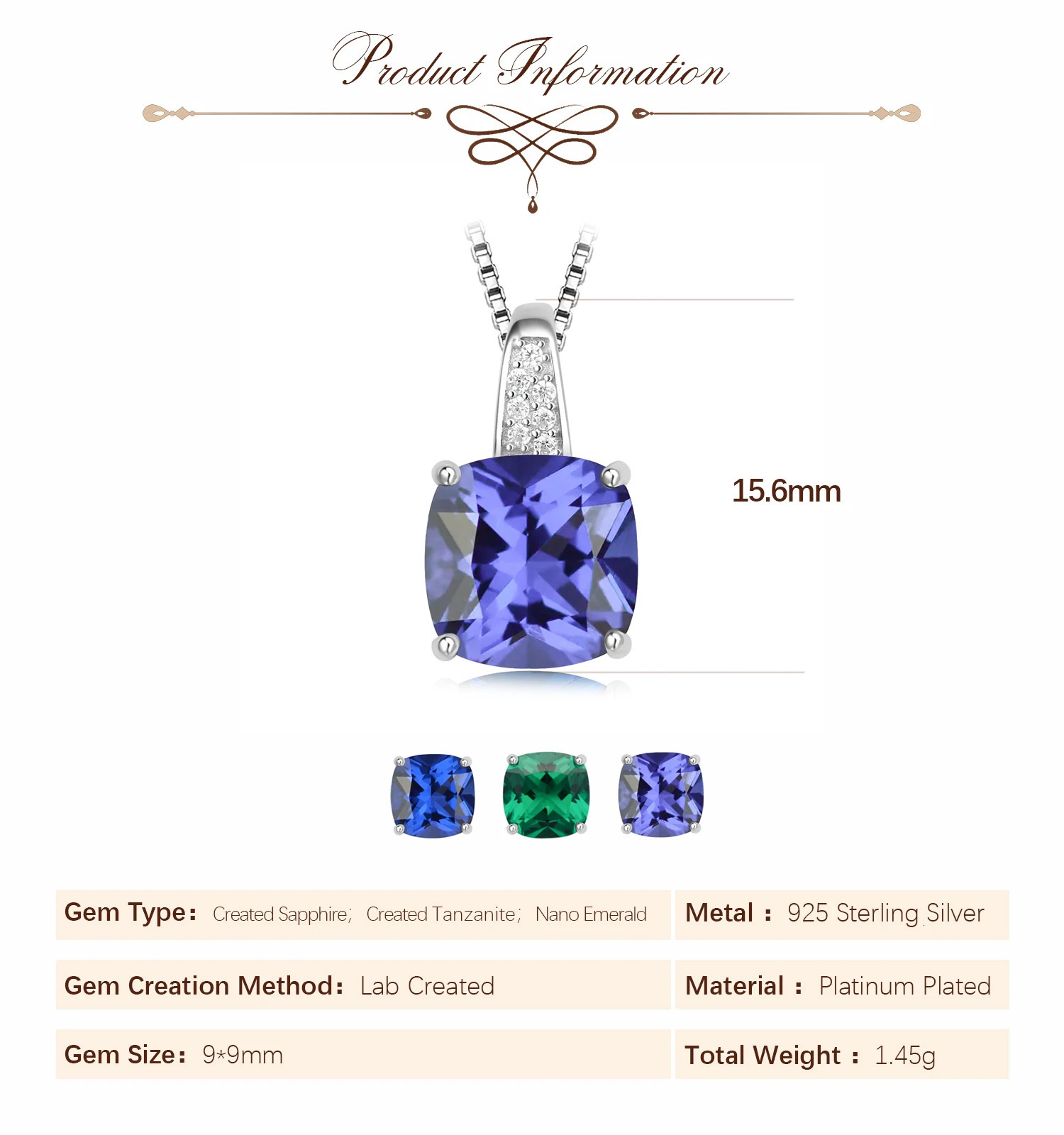 Potiy 473ct Cushion Created Sapphire Nano Emerald Tanzanite Pendant Necklace No Chain 925 Sterling Silver for Women valentines 240511