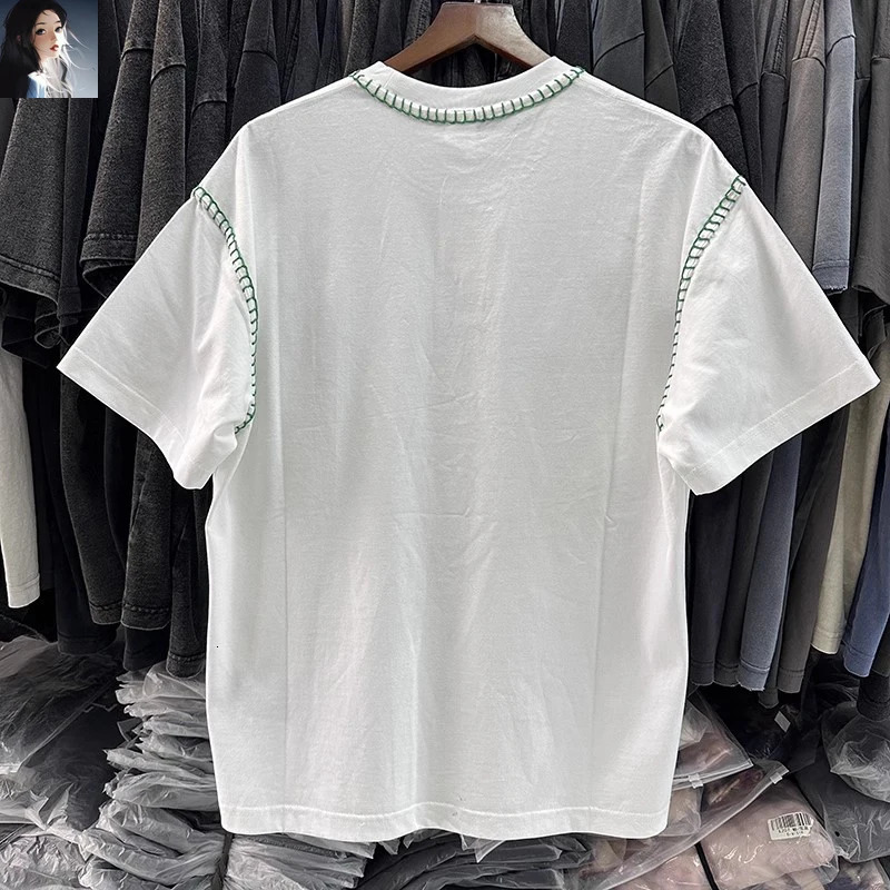 Green Reversed Stitching White Casual Round Neck T-Shirt Men Women High Quality Heavy Fabric Short Sleeve T Shirt Oversize Tops 240518