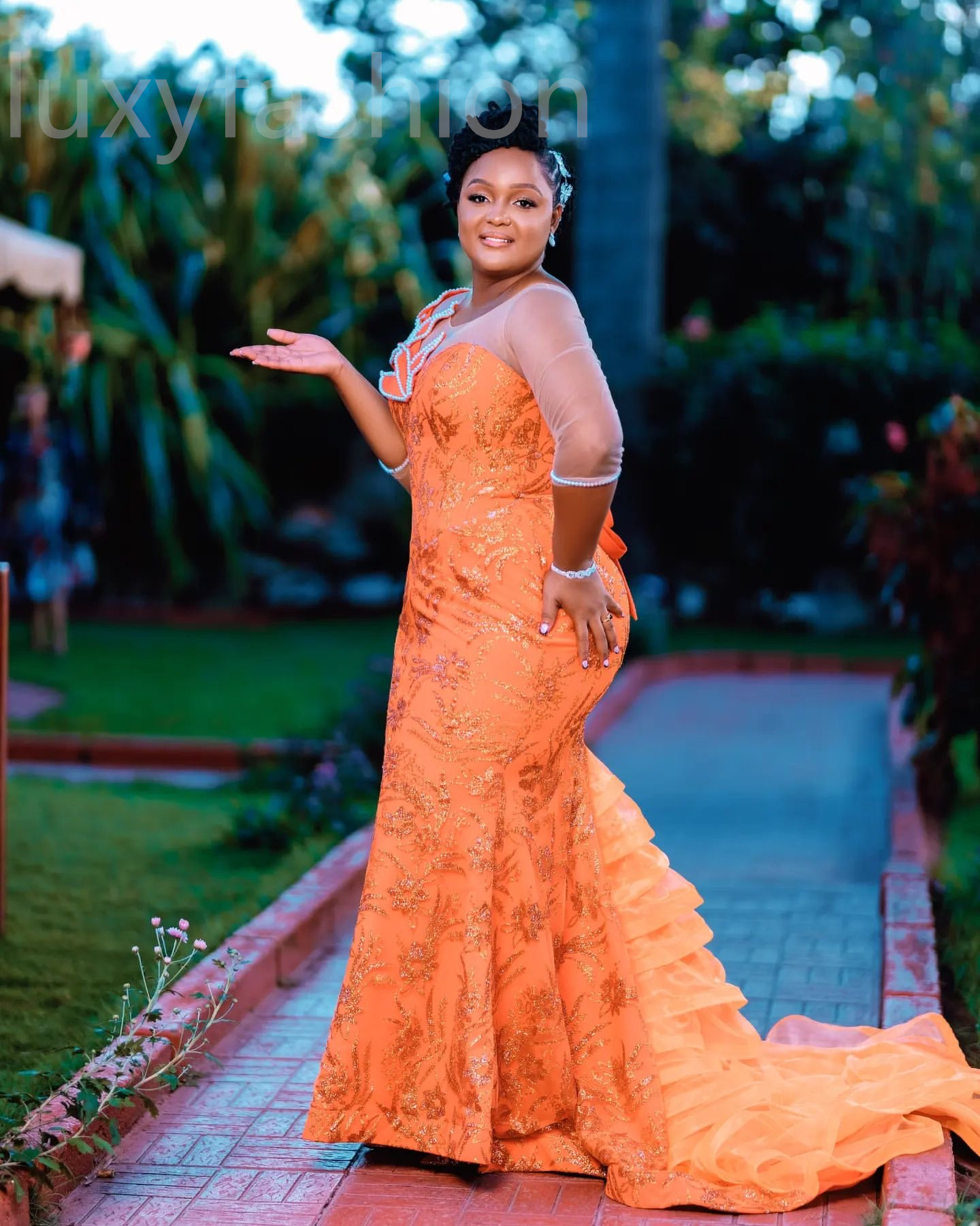 Aso Ebi 2024 Orange Florals Mermaid Prom Dresses Sheer Neck Sequined Evening Party Formal Second Reception Birthday Enagement Thanksgiving Dress Gowns