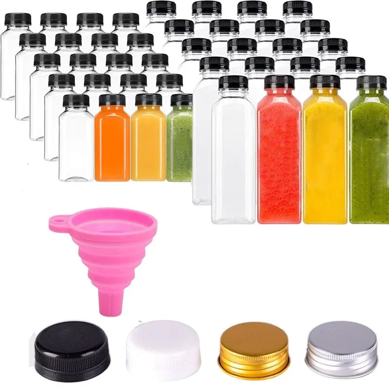 10pcs 60ML500ML Clear Empty Plastic Juice Bottles with Caps Reusable Water Bottle Juicing Smoothie Containers W Funnel 240520