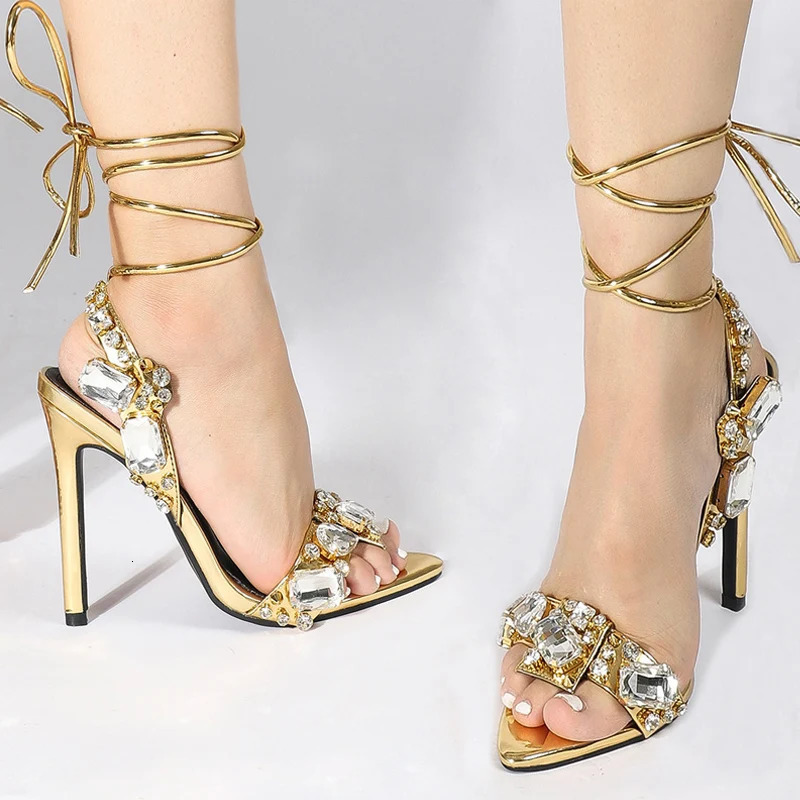 Liyke Sexy Ankle Strap Golded Sandals Women Party Nightclub Stripper Heels High Quality Crystal Diamond Pointed Toe Wedding Shoe 240511