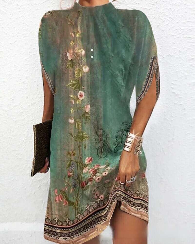 2024 New Women's Fashion Loose Bat Sleeve Round Neck Dress F52028
