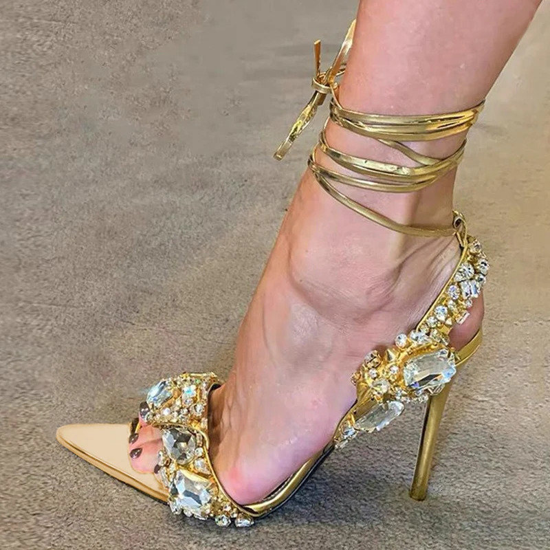 Liyke Sexy Ankle Strap Golded Sandals Women Party Nightclub Stripper Heels High Quality Crystal Diamond Pointed Toe Wedding Shoe 240511