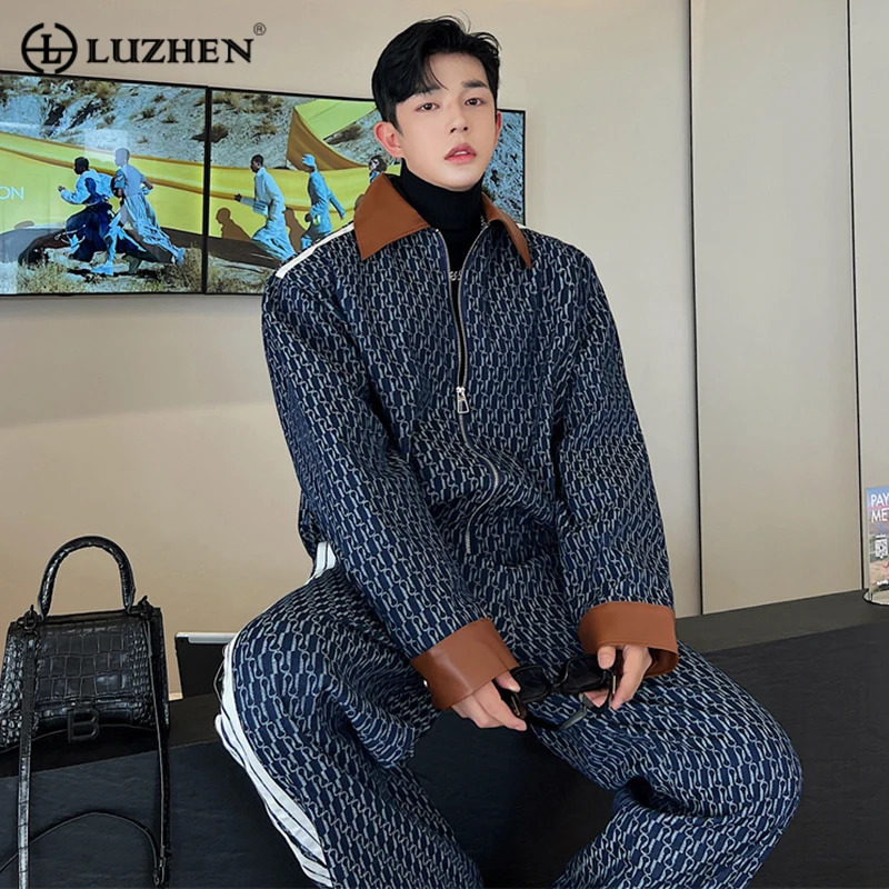 LUZHEN Spring Mens Two Piece Printing Denim Jackets Sets Korean Style Loose Straight Jeans Classic Street Short Coat 94e1e5 240507