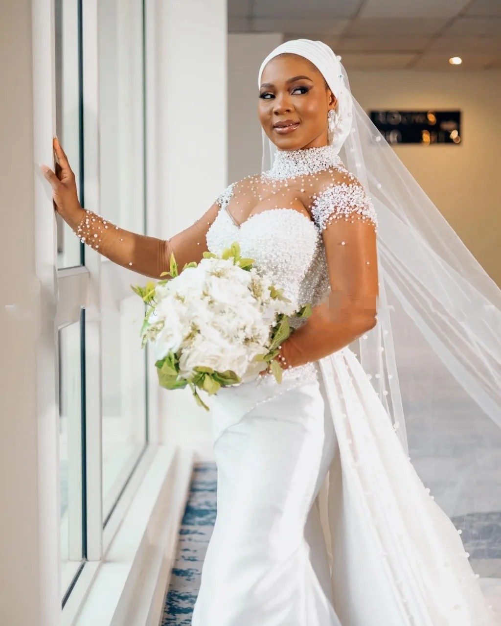 Mermaid Wedding Dresses with Detachable Train High Neck Long Sleeves See Through Beading Africa Bridal Gowns Vestidos De Novia Customed