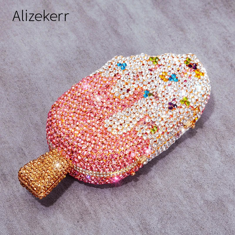 Ice Cream Shaped Diamond Evening Clutch Bag For Party Wedding Boutique Novelty Mini Kawaii Rhinestone Purses High Quality 240509