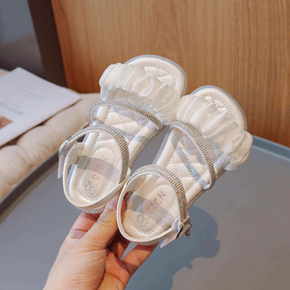 Children Sandals Rhinestones Pleated Chic Princess 2023 New Soft Breatheable Simple Kids Shoes Flat Non-slip Cute Casual R240813