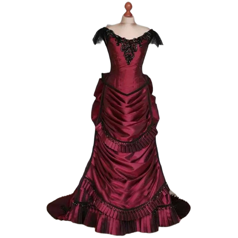 Vintage Victorian Burgundy Wedding Dresses Ruched Pleats Long Satin Bridal Gowns Black Lace Appliques Beaded Gothic Women Formal Events Dress Vestido 
