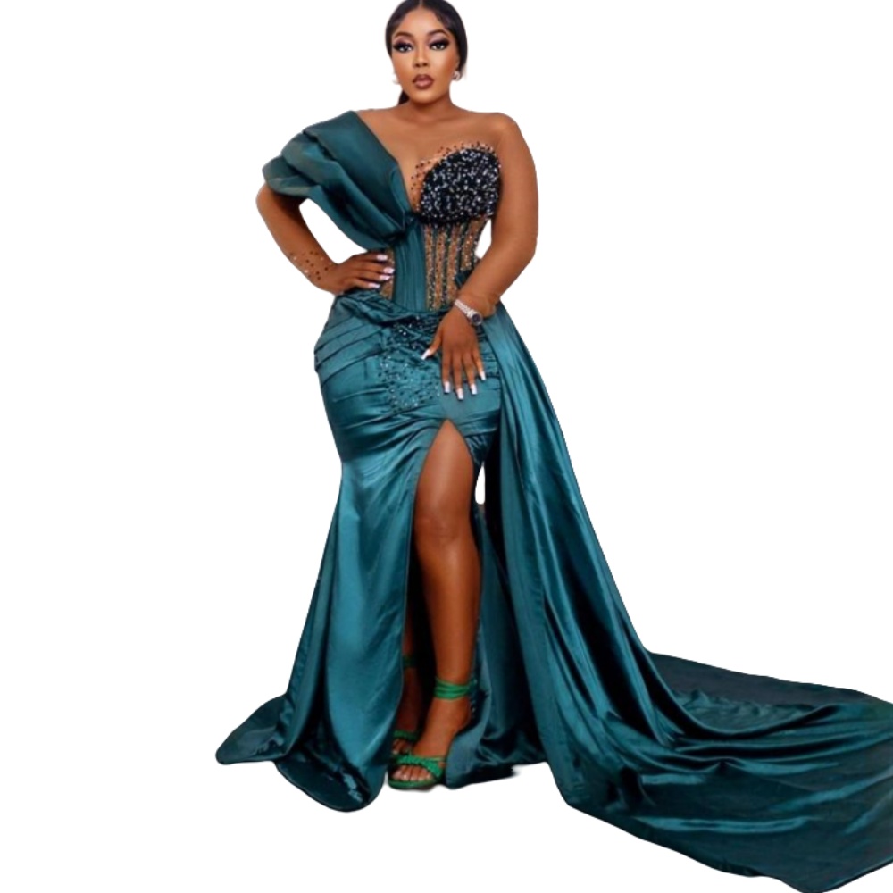Green 2024 Hunter Plus Size Prom Dresses Jewel Neck Crystal Beaded Long Sleeves Mermaid Satin Evening Formal Party Bridesmaid Gowns Dress Overskirts S