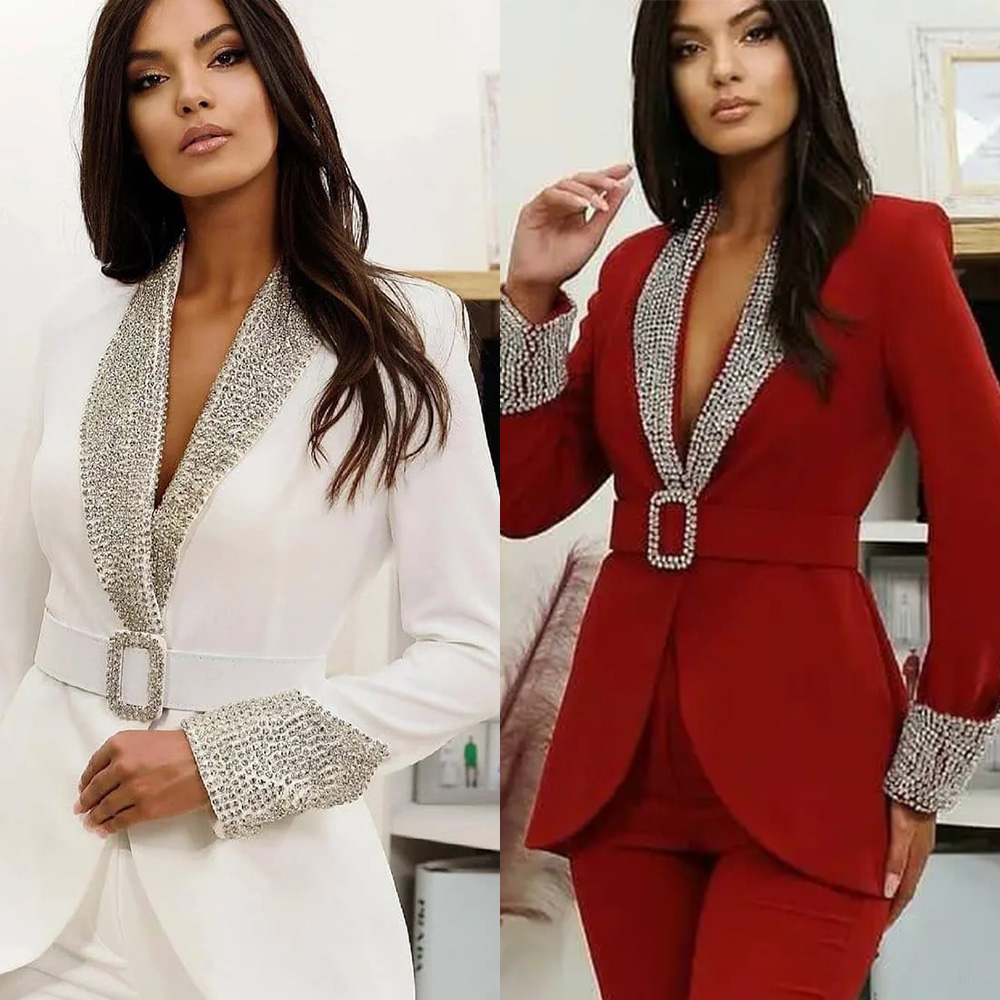 Unique Desinger Mother Of The Bride Pant Suits Red Crystal Evening Party Women Tuxedos For Wedding 2 Pieces