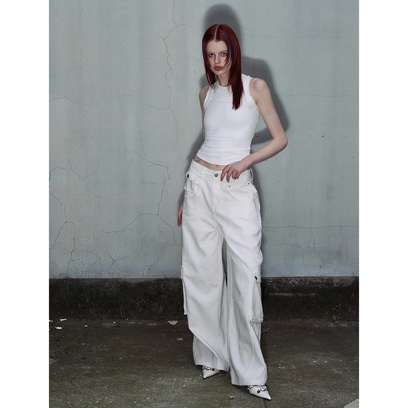 White Cargo Pants High Waisted Women Pants Vintage Straight Oversized Y2K Style Fashion Winter Streetwear Wide Leg Trouser 240517