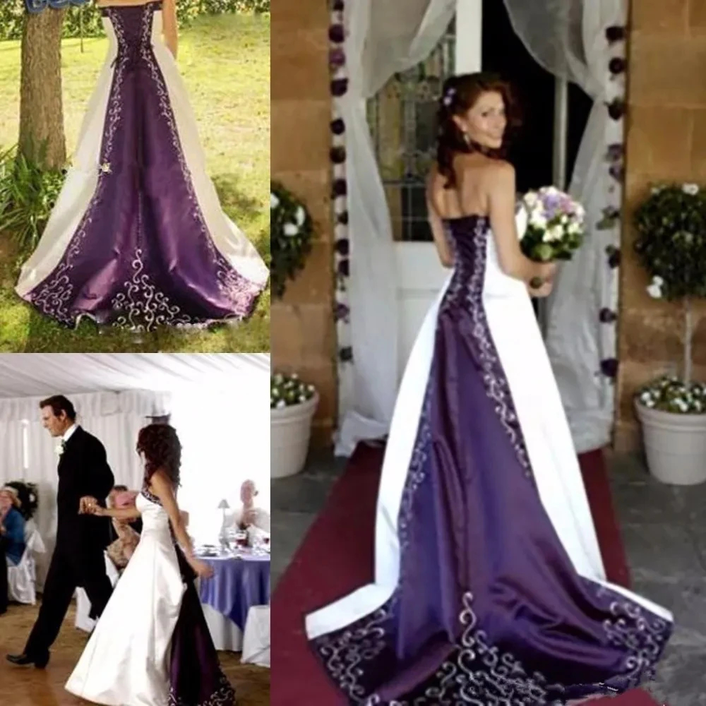 Elegant A Line Country Wedding Dresses White And Purple Embroidery Satin Bridal Gown Strapless Sleeveless Long Vintage Garden Vestido De Novia Lace-Up