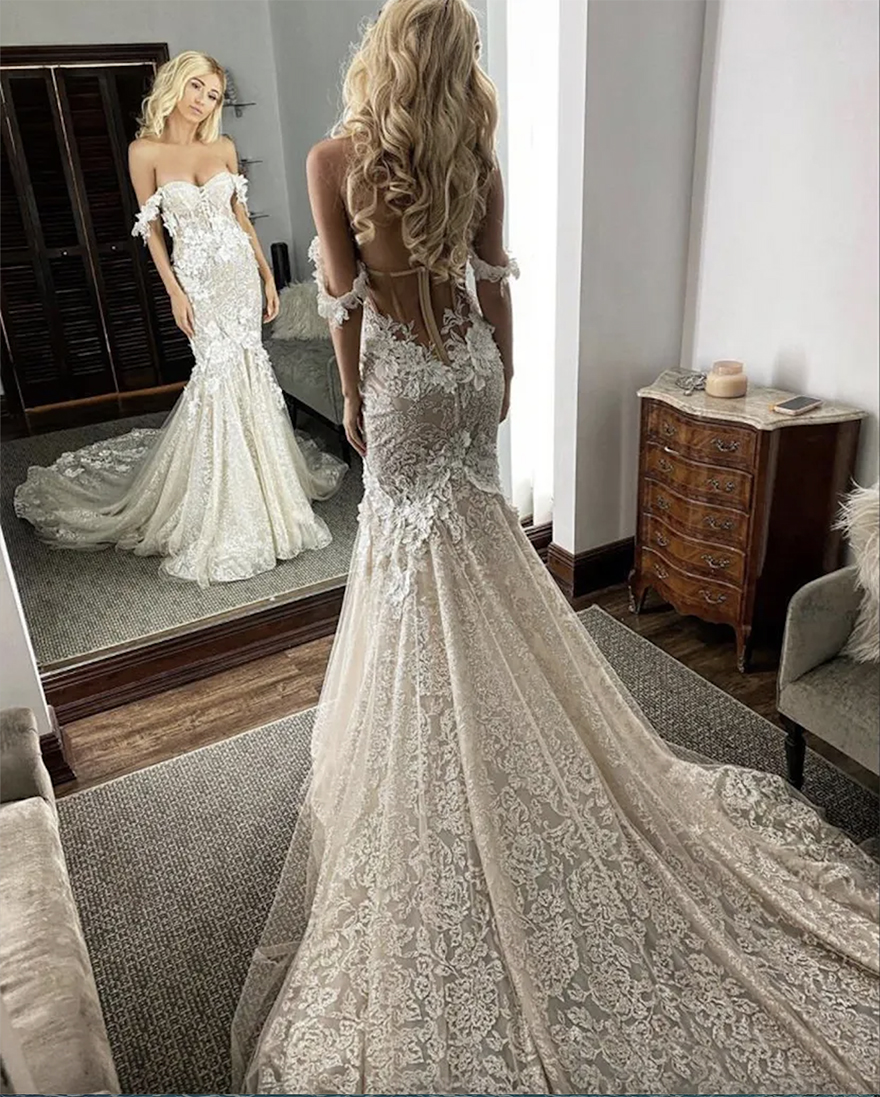 Sexy Berta Off Shoulder Mermaid Wedding Dresses Lace 3D Applique Sweep Train Backless Custom Made Bridal Gowns