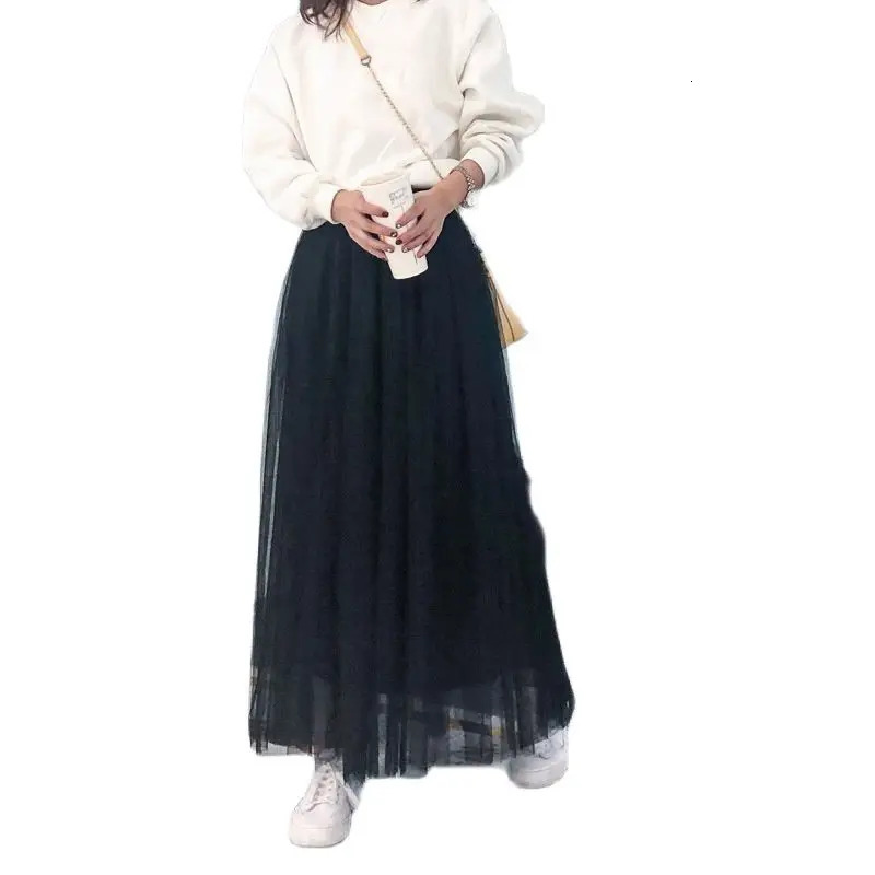 High Waist Women Long Mesh Maxi Skirt Slim A line Pleated 3 Layer Party Princess Casual Femme Festival 240513