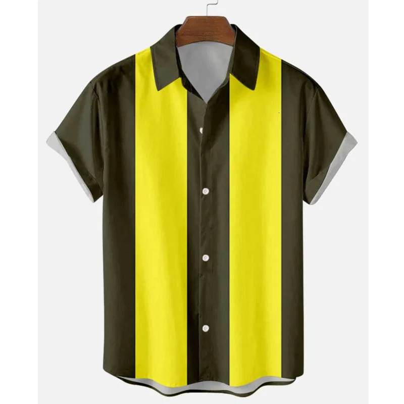 Striped Shirts for Men Button Up Shirts Short Sleeve Blouse Mens 50s Shirt Vertical Plus Size S-6XL Mens Bowling Dress Shirts 240506