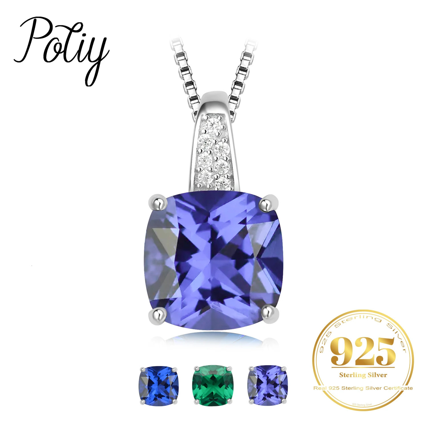 Potiy 473ct Cushion Created Sapphire Nano Emerald Tanzanite Pendant Necklace No Chain 925 Sterling Silver for Women valentines 240511