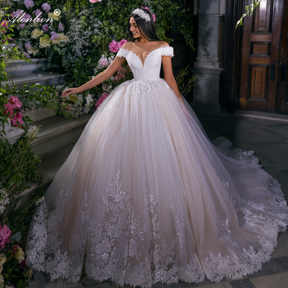 Sparkly Lace Off Shoulder Sleeves V-Neck Ball Gown Wedding Dress Beading floral patterns princess Bridal Gowns embroidered With Multi-layered Delicate