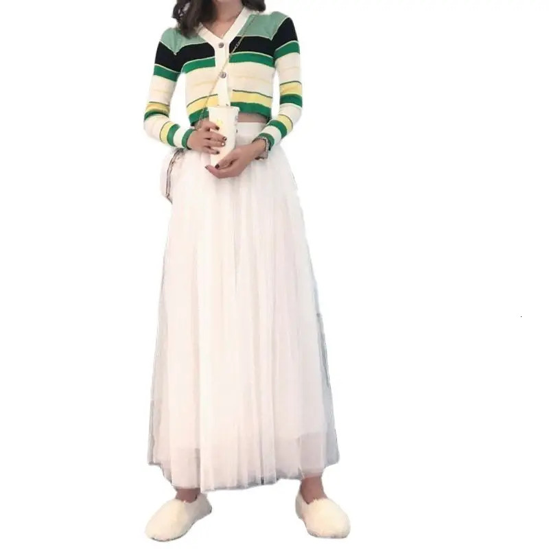 High Waist Women Long Mesh Maxi Skirt Slim A line Pleated 3 Layer Party Princess Casual Femme Festival 240513