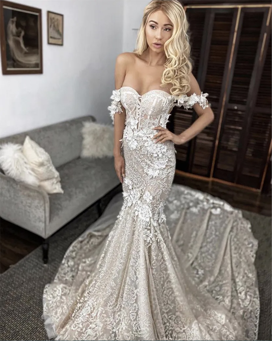 Sexy Berta Off Shoulder Mermaid Wedding Dresses Lace 3D Applique Sweep Train Backless Custom Made Bridal Gowns