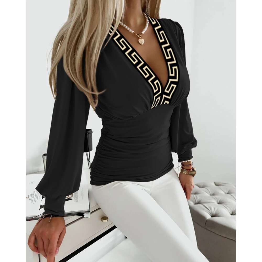 2024 Autumn Long sleeved Fashion V-neck Printed Shirt Women's Wear F52027