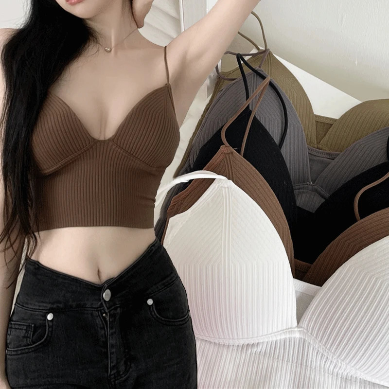 Sexy Thin Tank Top Women Seamless Underwear Camisole Straps Striped Bralette Lingerie OnePiece Tube Basic Padded Bra 240507