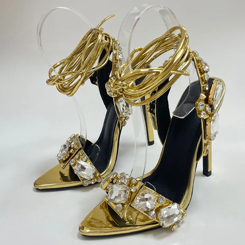 Liyke Sexy Ankle Strap Golded Sandals Women Party Nightclub Stripper Heels High Quality Crystal Diamond Pointed Toe Wedding Shoe 240511