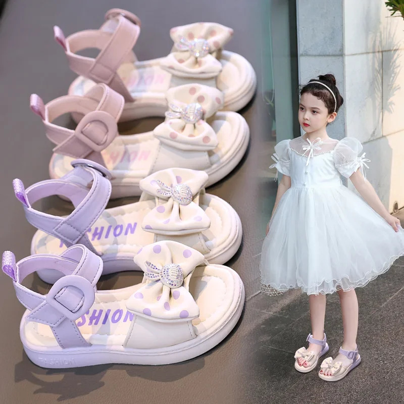 Girls Sandals Summer Soft Sole Fashion Bow Girl Princess Sandals Casual Childrens Beach Shoes 240513