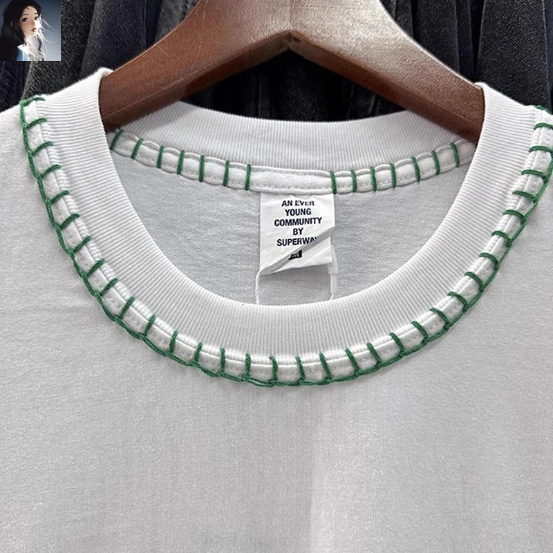 Green Reversed Stitching White Casual Round Neck T-Shirt Men Women High Quality Heavy Fabric Short Sleeve T Shirt Oversize Tops 240518