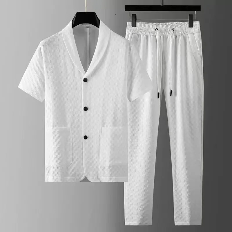 Fashion Mens Two Piece Sets Spring Summer Casual Short Sleeve Shirts Pants Suit Solid Geometry Pattern Printed Outfit Men 240518