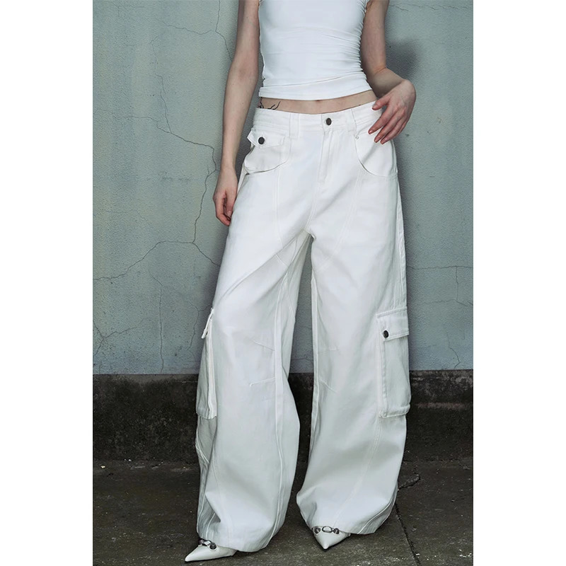 White Cargo Pants High Waisted Women Pants Vintage Straight Oversized Y2K Style Fashion Winter Streetwear Wide Leg Trouser 240517