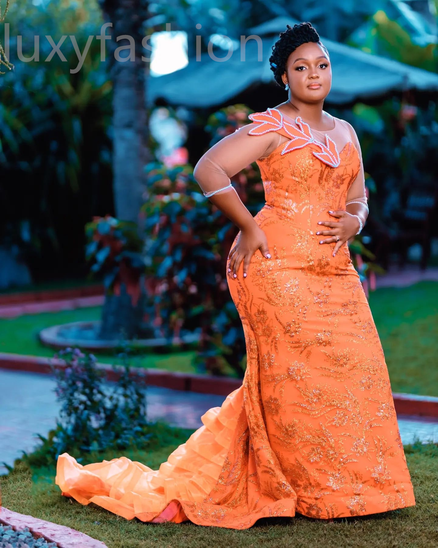 Aso Ebi 2024 Orange Florals Mermaid Prom Dresses Sheer Neck Sequined Evening Party Formal Second Reception Birthday Enagement Thanksgiving Dress Gowns