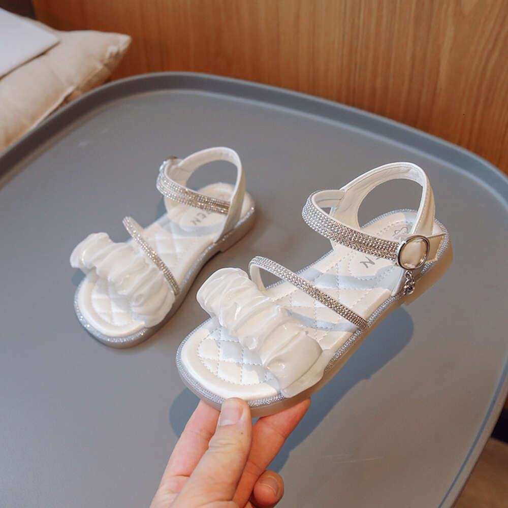 Children Sandals Rhinestones Pleated Chic Princess 2023 New Soft Breatheable Simple Kids Shoes Flat Non-slip Cute Casual R240813