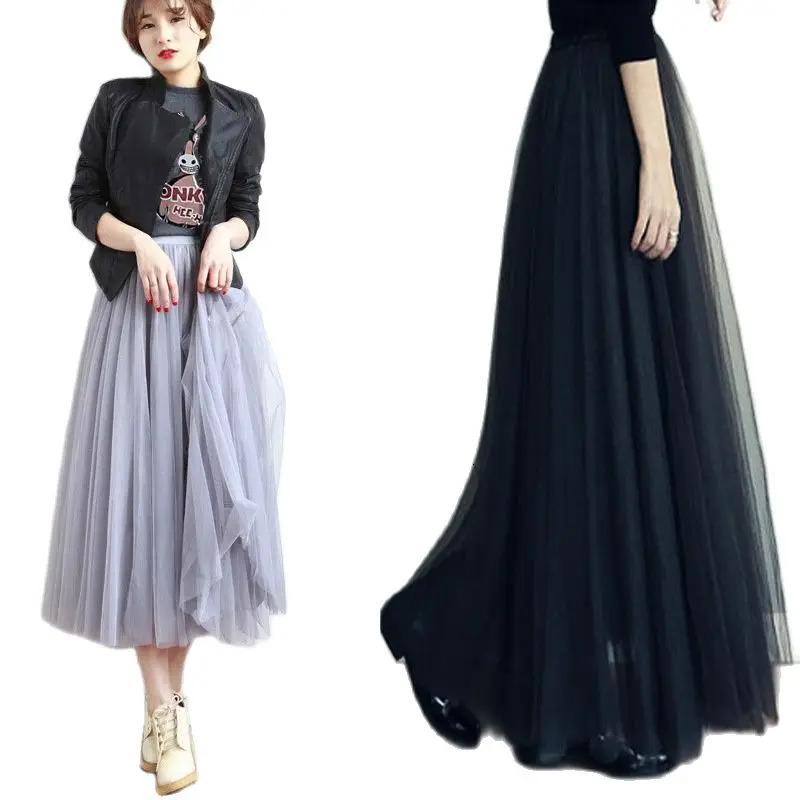 High Waist Women Long Mesh Maxi Skirt Slim A line Pleated 3 Layer Party Princess Casual Femme Festival 240513
