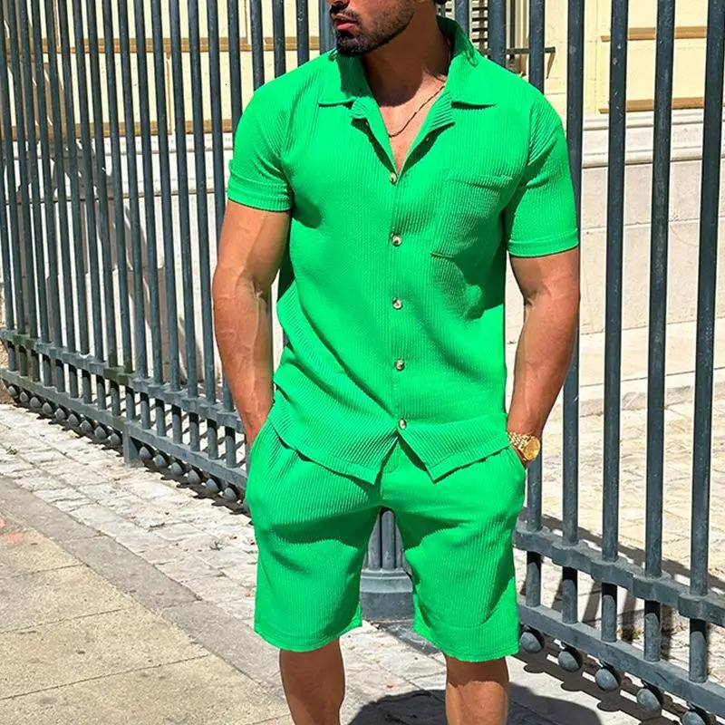 MenS TwoPiece Solid Color ShortSleeved Shirt And Shorts Casual Suit 240518