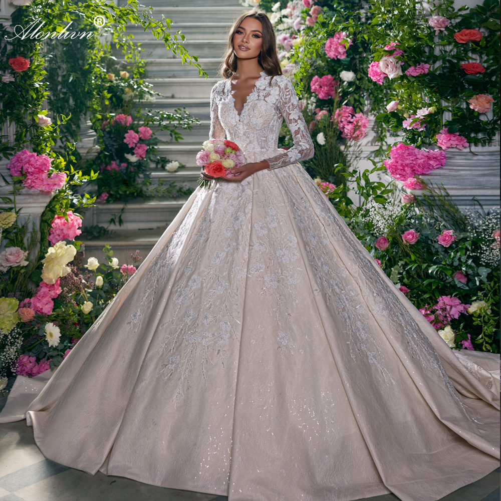 Alonlivn Luxury Bling Embroidery Lace Full Sleeves V-Neck Ball Gown Wedding Dress Beading Pearls Appliques Chapel Train Bridal Gowns