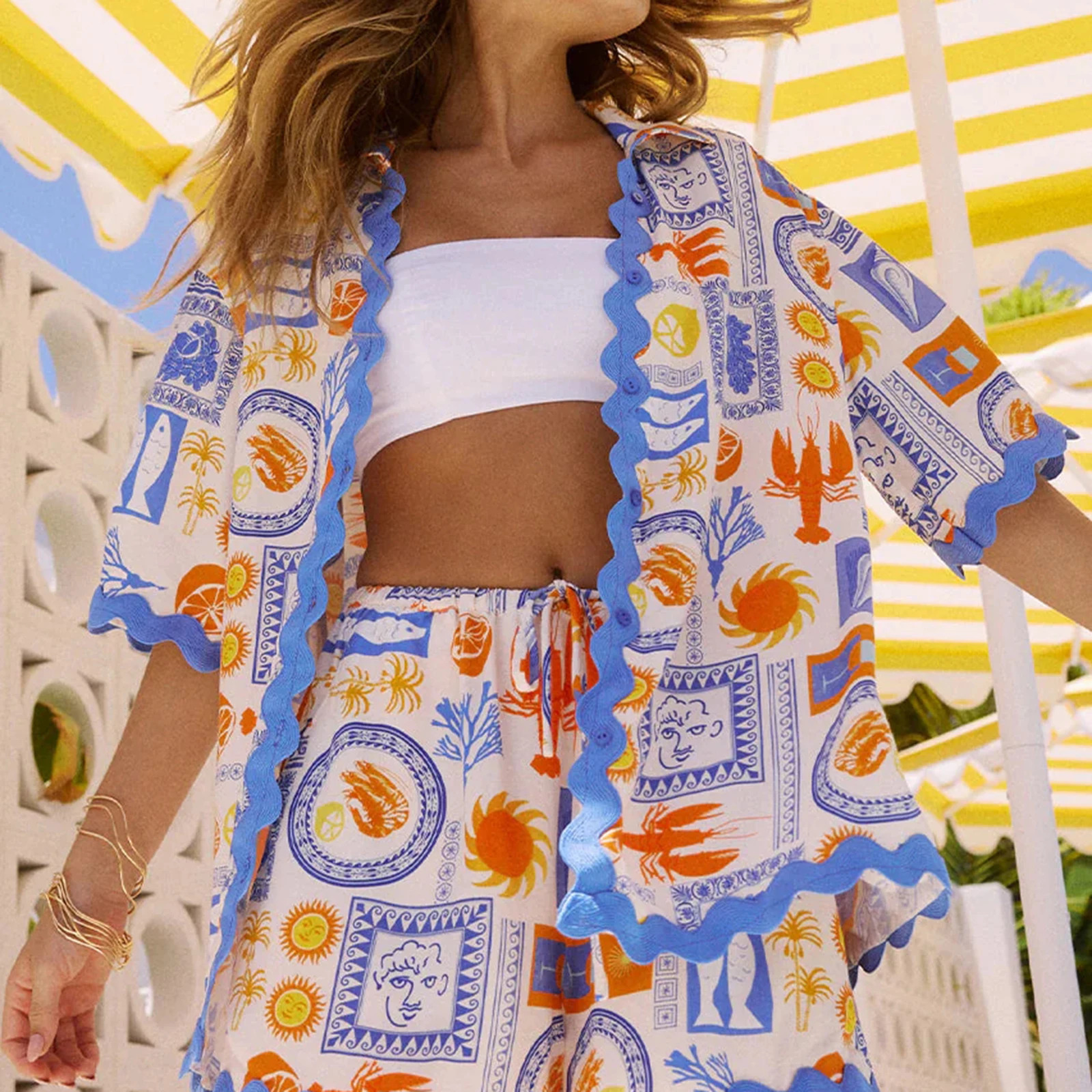 Hirigin Women Lounge 2 Piece Outfits Short Sleeve Button Down Shirt Shorts Set Y2k Summer Beach Vacation Printed Sets 240507